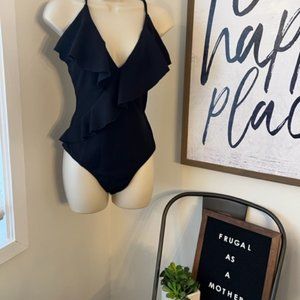 CUPSHE Women's Black Swimsuit Ruffle Wrap Textured Swimwear Bathing Suit (L)
